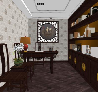 中式家装书房SU模型下载_sketchup草图大师SKP模型