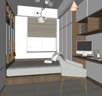 简约现代榻榻米书房SU模型下载_sketchup草图大师SKP模型