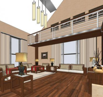 新中式别墅大厅SU模型下载_sketchup草图大师SKP模型