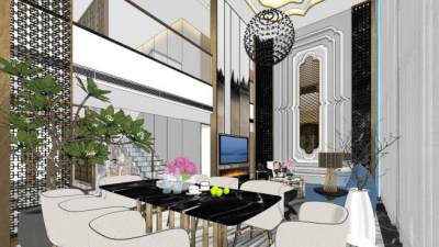 现代轻奢别墅大堂SU模型下载_sketchup草图大师SKP模型