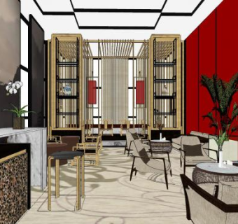 新中式售楼处休息大厅SU模型下载_sketchup草图大师SKP模型