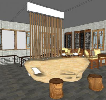 新中式茶楼设计SU模型下载_sketchup草图大师SKP模型