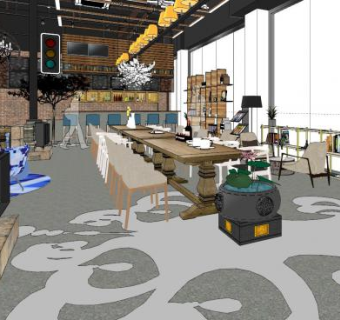 工业风大型音乐餐吧SU模型下载_sketchup草图大师SKP模型