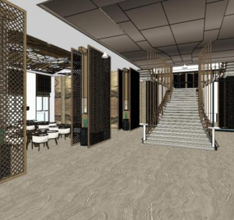 新中式酒店餐厅设计SU模型下载_sketchup草图大师SKP模型