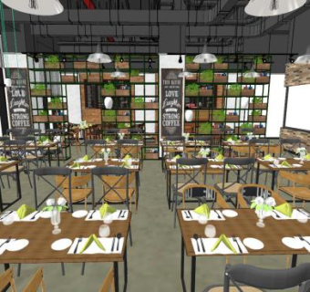 工业风大型西餐厅SU模型下载_sketchup草图大师SKP模型