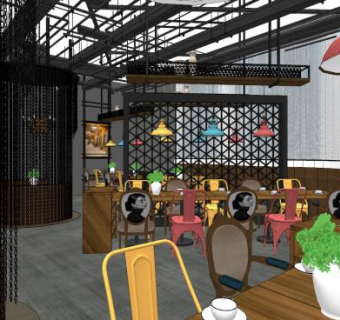 工业复古风咖啡厅SU模型下载_sketchup草图大师SKP模型