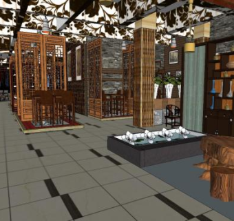 新中式火锅店SU模型下载_sketchup草图大师SKP模型