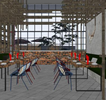 现代工业风主题餐厅SU模型下载_sketchup草图大师SKP模型
