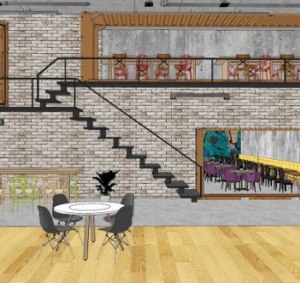 现代工业风双层快餐店SU模型下载_sketchup草图大师SKP模型