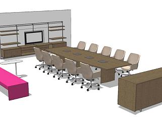 现代棕色会议桌会议室SU模型下载_sketchup草图大师SKP模型