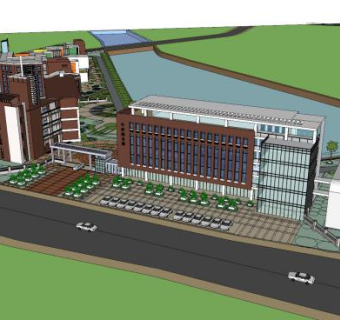 现代办公楼水景建筑SU模型下载_sketchup草图大师SKP模型