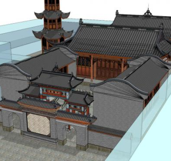 中式寺院外观SU模型下载_sketchup草图大师SKP模型