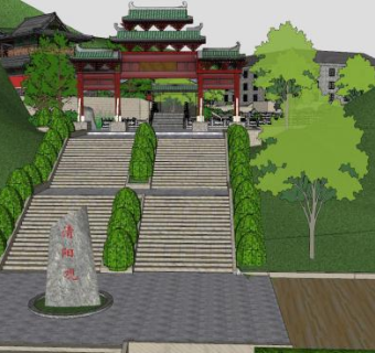 中式道馆清阳观SU模型下载_sketchup草图大师SKP模型