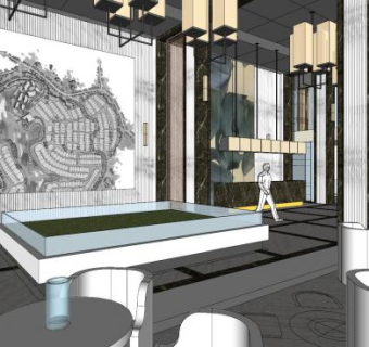 新中式售楼处室内SKP模型下载_sketchup草图大师SKP模型