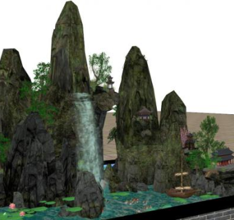 中式假山水池su模型下载_sketchup草图大师SKP模型