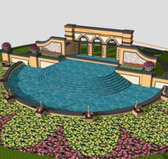 小区入口欧式景观水景设计SU模型下载_sketchup草图大师SKP模型
