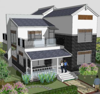 现代独栋别墅景观SU模型下载_sketchup草图大师SKP模型