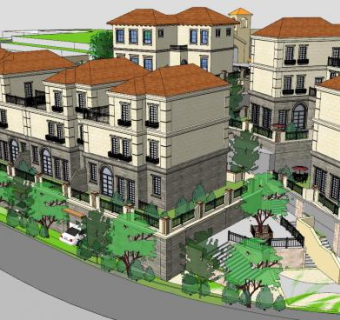 欧式连排别墅景观SU模型下载_sketchup草图大师SKP模型