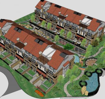 简欧联排别墅景观SU模型下载_sketchup草图大师SKP模型