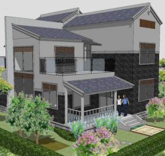 现代中式别墅设计SU模型下载_sketchup草图大师SKP模型