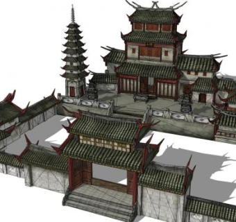 中式寺院庭院SU模型下载_sketchup草图大师SKP模型
