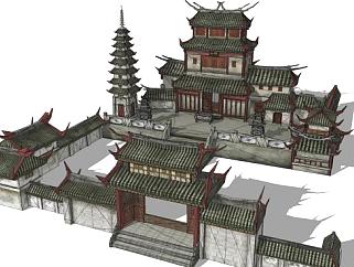 中式寺院庭院SU模型下载_sketchup草图大师SKP模型