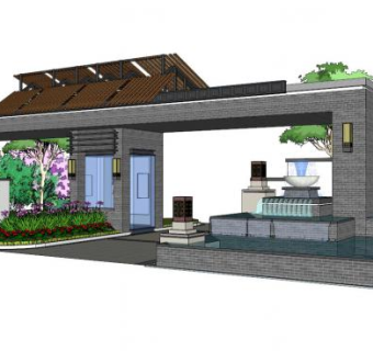 新中式小区大门su模型下载_sketchup草图大师SKP模型