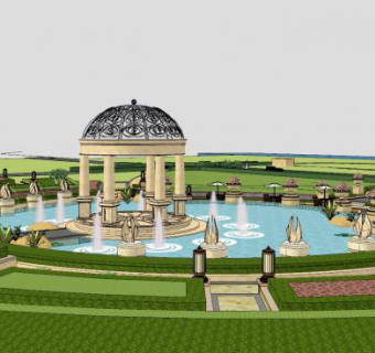 欧式公园景观池SU模型下载_sketchup草图大师SKP模型