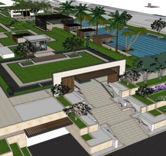 现代公园和泳池场地规划SU模型下载_sketchup草图大师SKP模型