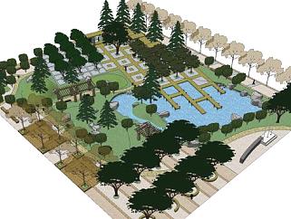 现代公园水池景观SU模型下载_sketchup草图大师SKP模型