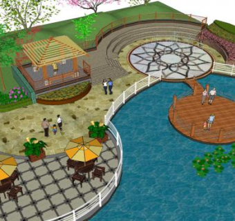 现代公园水榭景观SU模型下载_sketchup草图大师SKP模型