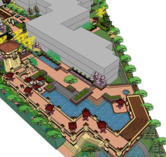 现代公园凉亭水景SU模型下载_sketchup草图大师SKP模型