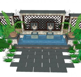 欧式小区入口水景SU模型下载_sketchup草图大师SKP模型