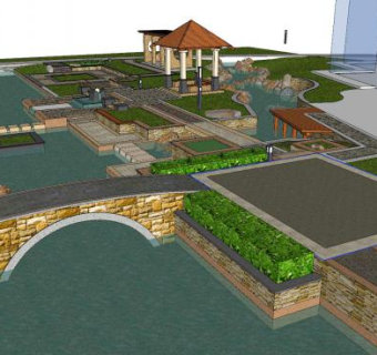 中式公园水景景观SU模型下载_sketchup草图大师SKP模型