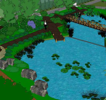 新中式公园水景SU模型下载_sketchup草图大师SKP模型