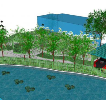 现代公园池塘景观SU模型下载_sketchup草图大师SKP模型