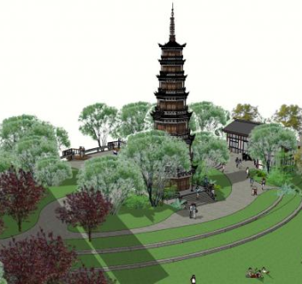 中式公园景观SU模型下载_sketchup草图大师SKP模型