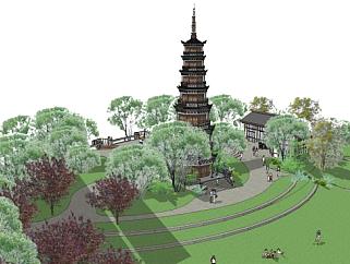 中式公园景观SU模型下载_sketchup草图大师SKP模型