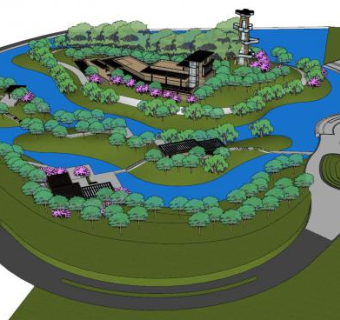 现代瞭望塔水景公园SU模型下载_sketchup草图大师SKP模型