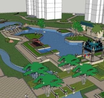 现代建筑水景公园SU模型下载_sketchup草图大师SKP模型