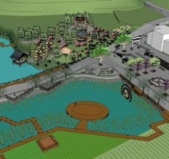 中式公园池塘景观SU模型下载_sketchup草图大师SKP模型