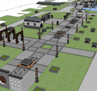 新中式公园景墙景观SU模型下载_sketchup草图大师SKP模型