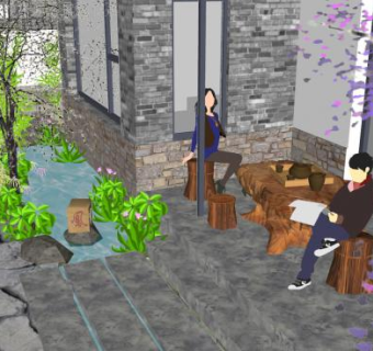 中式流水庭院SU模型下载_sketchup草图大师SKP模型