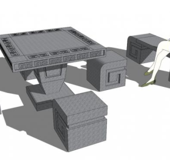 现代石桌凳su模型下载_sketchup草图大师SKP模型