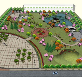 中式池塘公园景观SU模型下载_sketchup草图大师SKP模型