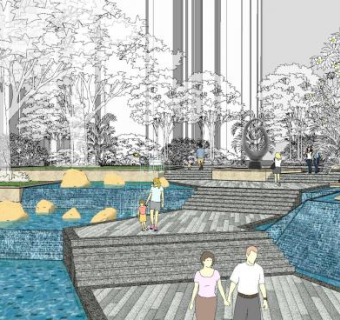 现代公园流水水池景观SU模型下载_sketchup草图大师SKP模型