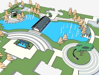 中式喷泉水池公园SU模型下载_sketchup草图大师SKP模型