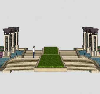 欧式公园阶梯景观SU模型下载_sketchup草图大师SKP模型