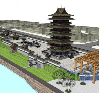 新中式岛型公园景观SU模型下载_sketchup草图大师SKP模型