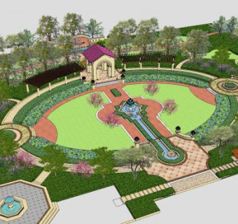 欧式廊道公园建筑SU模型下载_sketchup草图大师SKP模型